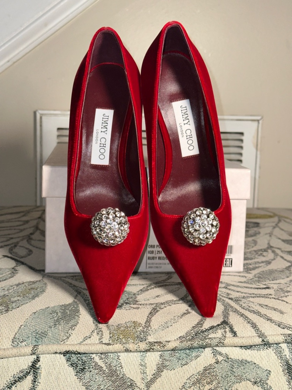 Jimmy Choo Red Velvet Pointed Toe Pumps with Crystal Orb Accent